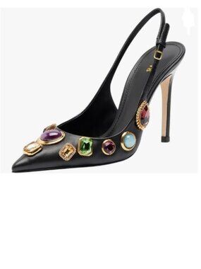 FYS Black Pointed Toe Slip on Pumps High Heel Slingbacks Rhinestone Studs Shoes